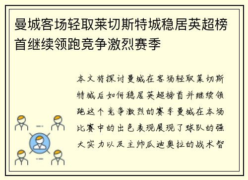 曼城客场轻取莱切斯特城稳居英超榜首继续领跑竞争激烈赛季