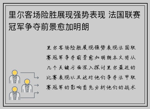 里尔客场险胜展现强势表现 法国联赛冠军争夺前景愈加明朗