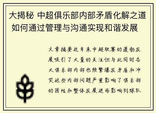 大揭秘 中超俱乐部内部矛盾化解之道 如何通过管理与沟通实现和谐发展