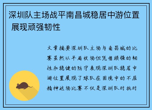 深圳队主场战平南昌城稳居中游位置 展现顽强韧性