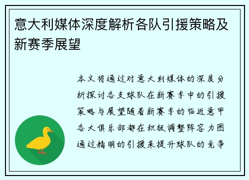 意大利媒体深度解析各队引援策略及新赛季展望