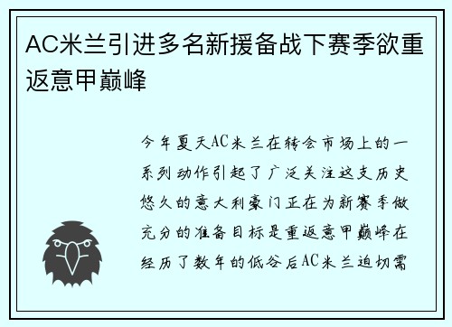 AC米兰引进多名新援备战下赛季欲重返意甲巅峰