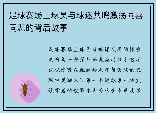 足球赛场上球员与球迷共鸣激荡同喜同悲的背后故事