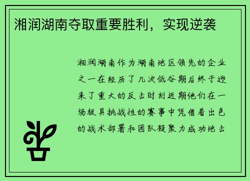 湘润湖南夺取重要胜利，实现逆袭